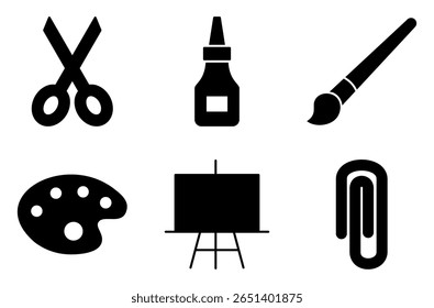 Art and Craft Tools Icon Set, such as scissors, glue, paintbrush, paint palette, art easel, and paper clip