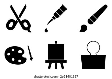 Art and Craft Tools Icon Set, such as scissors, glue, paintbrush, paint palette, art easel, and paper clip