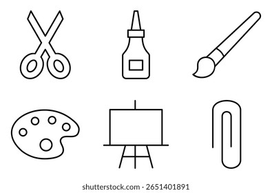 Art and Craft Tools Icon Set, such as scissors, glue, paintbrush, paint palette, art easel, and paper clip
