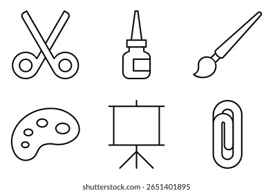 Art and Craft Tools Icon Set, such as scissors, glue, paintbrush, paint palette, art easel, and paper clip