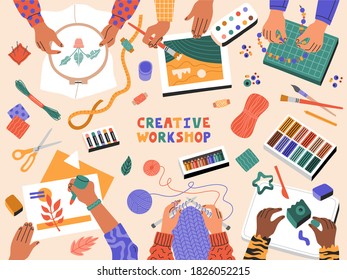 Art craft workshop, creative children applique, draw, make plasticine, knitting, embroidery, template banner educational courses for children. Hand drawn illustration in modern cartoon flat style.