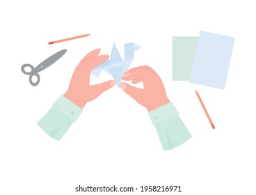 Art craft workshop with human hands making origami. Handmade from paper sheets. Concept of creative leisure, hobby and education. Flat vector isolated illustration.