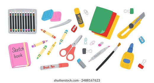 Art crafting items set with scissors and modeling clay in flat hand drawn style. Colorful educational or school stationary stickers isolated on white background. Good for decoration or labels