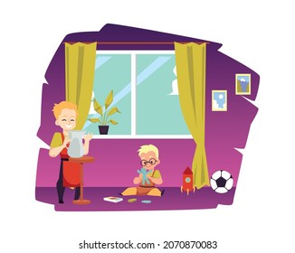 Art crafts class for kids in kindergarten or studio. Happy children model with plasticine and pottery clay. Creative early childhood education. Flat cartoon vector illustration.