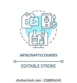 Art And Crafts Course Turquoise Concept Icon. Virtual Workshop. Online Education Idea Abstract Idea Thin Line Illustration. Isolated Outline Drawing. Editable Stroke. Arial, Myriad Pro-Bold Fonts Used