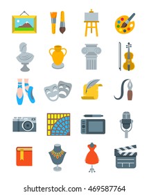 Art and crafts flat vector icons set. Colorful symbols of painting, architecture, sculpture, writing, music, ballet, theater, cinema, calligraphy, photography, pottery, jewelry and  tailoring