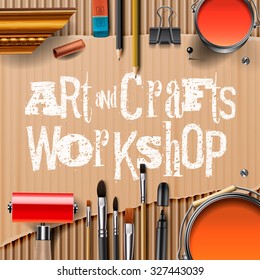 Art and crafts template with artist tools, vector illustration.