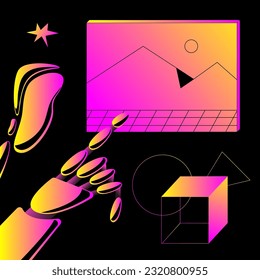 Art created by artificial intelligence. A robot that points to a generated picture on a black background. Artfully created by future technologies. Flat vector illustration.