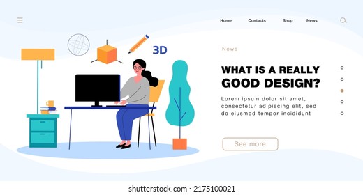 Art creation process of 3D graphic digital design by designer. Woman working on project at computer flat vector illustration. Job, technology concept for banner, website design or landing web page