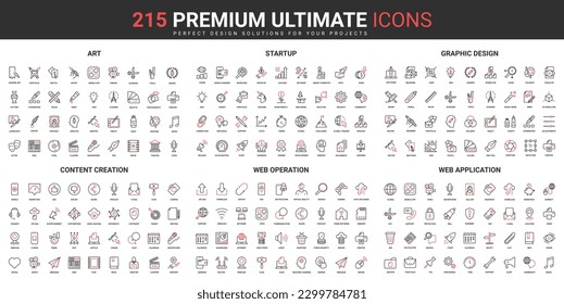 Art creation and startup, entertainment thin line red black icons set vector illustration. Abstract symbols, tools of creative designer, services for work and hobby simple design for mobile, web apps