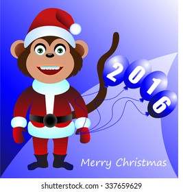 Art creative colorful new year winter holiday wallpaper vector illustration greeting card of one brown monkey in red santa costume holding balloons with numbers merry christmas text on blue background