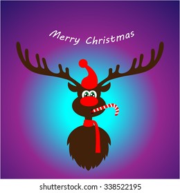 Art creative colorful new year winter holiday wallpaper vector illustration greeting card of one deer with antlers red nose hat and merry christmas text on violet background