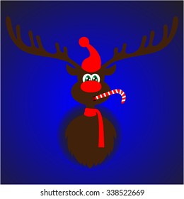 Art creative colorful new year winter holiday wallpaper vector illustration greeting card of one deer with antlers red nose hat on blue background