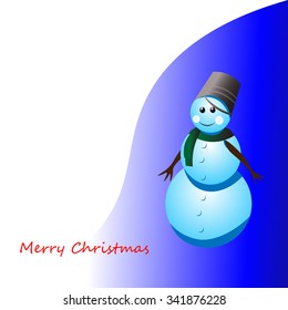 Art creative colorful new year winter holiday wallpaper vector illustration greeting card of one snowman in pail on blue white background with text