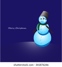 Art creative colorful new year winter holiday wallpaper vector illustration greeting card of one snowman in pail on blue background with text
