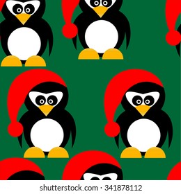 Art creative colorful new year winter holiday wallpaper vector illustration of many small penguins in christmas red hat on green seamless background