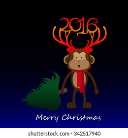 Art creative colorful new year winter holiday wallpaper vector illustration greeting card of monkey in christmas deer antlers with green fir tree on dark background