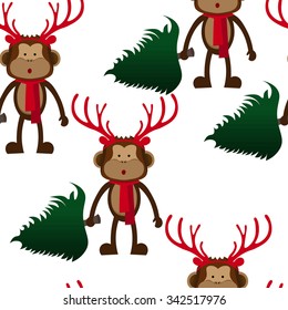 Art creative colorful new year winter holiday wallpaper vector illustration of monkey in christmas deer antlers with green fir tree on white seamless background