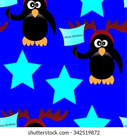 Art creative colorful new year winter holiday wallpaper vector illustration of penguin in christmas deer antlers with paper sheet and stars on blue seamless background