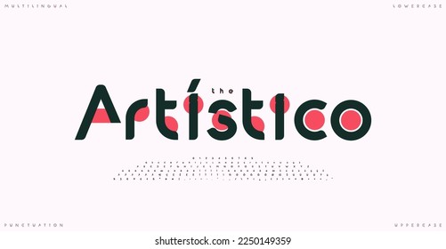 Art creative futuristic multilingual typeset, lowercase uppercase letters, numbers, punctuation symbols. Innovation font with red circles for modern tech logo and headlines. Vector typographic design