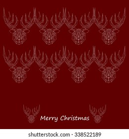 Art creative new year winter holiday wallpaper vector illustration greeting card of many white deers with antlers and merry christmas text on red background