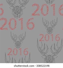 Art creative new year winter holiday seamless wallpaper vector illustration greeting card of many deers with antlers and red 2016 numbers on grey background