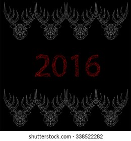 Art creative new year winter holiday wallpaper vector illustration greeting card of many white deers with antlers and 2016 numbers on black background