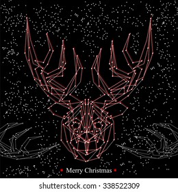 Art creative new year winter holiday wallpaper vector illustration greeting card of one red deer with antlers in white snowdlakes and merry christmas text on black background