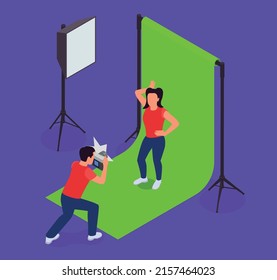 Art and creative professions isometric concept with photo model and photographer vector illustration