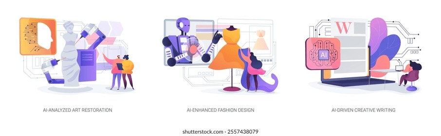 Art and Creativity with AI tools abstract concept vector illustration set. AI-Analyzed Art Restoration, AI-Enhanced Fashion Design, AI-Driven Creative Writing, Generate stories abstract metaphor.