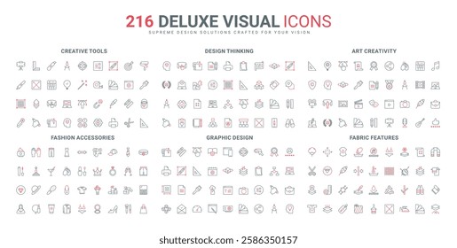 Art creativity of author, graphic tools, fashion and design line icon set. Content planning in calendar, options and algorithms, fabric features thin black and red outline symbols vector illustration