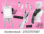 Art creativity collage, trendy doodle and halftone magazine cutouts. Photo of painting easel, hand with brushes, paint tubes. Workshop poster design elements.