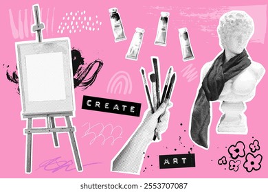 Art creativity collage, trendy doodle and halftone magazine cutouts. Photo of painting easel, hand with brushes, paint tubes. Workshop poster design elements.