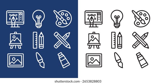 Criatividade artística e design gráfico ícones de contorno definir vetor isolado