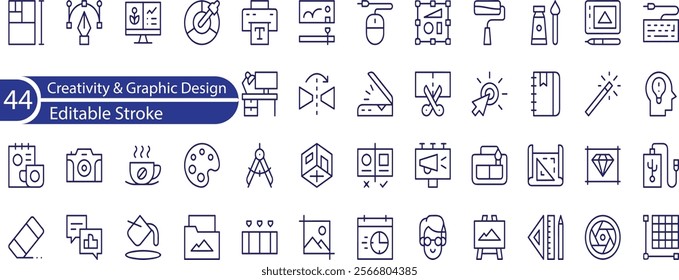 Art, creativity and graphic design related editable stroke outline icons set isolated on white background flat vector illustration.