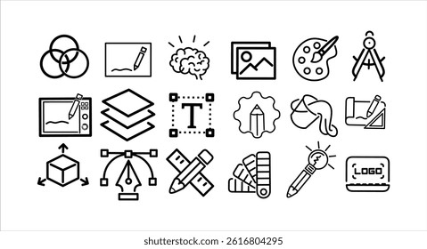 Art, creativity and graphic design related editable stroke outline icons set isolated on white background flat vector illustration. Pixel perfect. Set of graphic design icons. Linear style icon bundle
