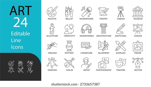 Art and creativity line icon set. Contains symbols for music, dance, painting, literature, cinema, and design. Editable stroke vector outline for branding, education, and creative projects.