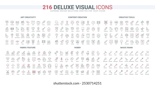 Art creativity, vlogging, online content share line icon set. Fabric feature for fashion industry, textile with sun and water, wind protection thin black and red outline symbols vector illustration