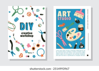 Art and creativity workshop advertising poster or web banner design templates. Drawing, painting, jewelry making tools. Handmade lesson, hobby master class, DIY, handcraft concept. Flat vector