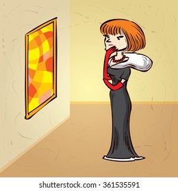 Art critic looks at the big abstract picture. Hand drawn cartoon vector illustration.