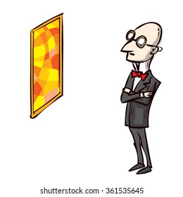 Art critic looks at the big abstract picture. Hand drawn cartoon vector illustration.