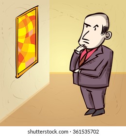 Art Critic Looks At The Big Abstract Picture. Hand Drawn Cartoon Vector Illustration.