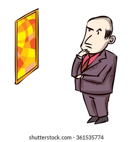 Art Critic Looks At The Big Abstract Picture. Hand Drawn Cartoon Vector Illustration.