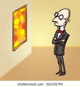 Art Critic Looks At The Big Abstract Picture. Hand Drawn Cartoon Vector Illustration.