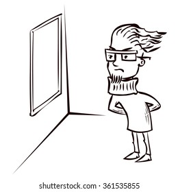 Art critic looks at the big abstract picture. Hand drawn cartoon vector illustration.