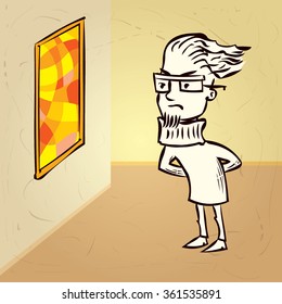 Art Critic Looks At The Big Abstract Picture. Hand Drawn Cartoon Vector Illustration.