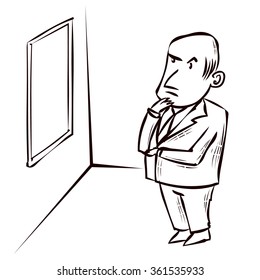 Art Critic Looks At The Big Abstract Picture. Hand Drawn Cartoon Vector Illustration.