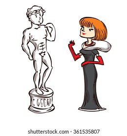 Art critic looks at the statue. Hand drawn cartoon vector illustration.