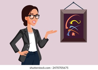 
Art Critic Presenting a Beautiful Artwork in Exhibition Vector Cartoon. Professional art curator showing exceptional painting in an exhibit 
