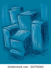 Art Cube, Sketch, Blue Artwork (Vector Art)